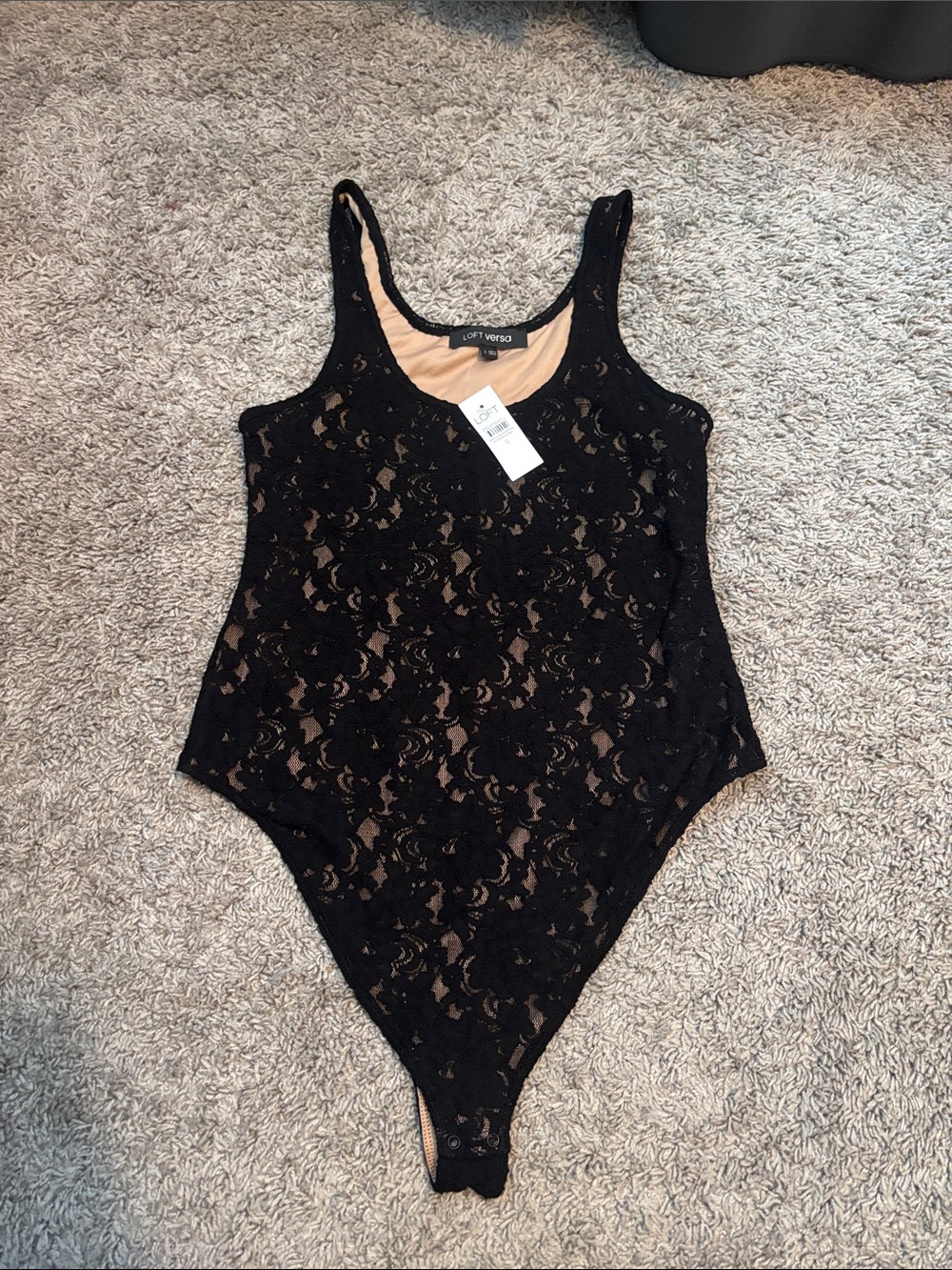 LOFT Black Lace Scoop Neck Bodysuit with Nude Lining